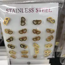 12 пар/лот 316L серьги из нержавеющей стали золотого цвета с двойным сердечком для женщин Роскошные серьги-гвоздики женские ювелирные изделия