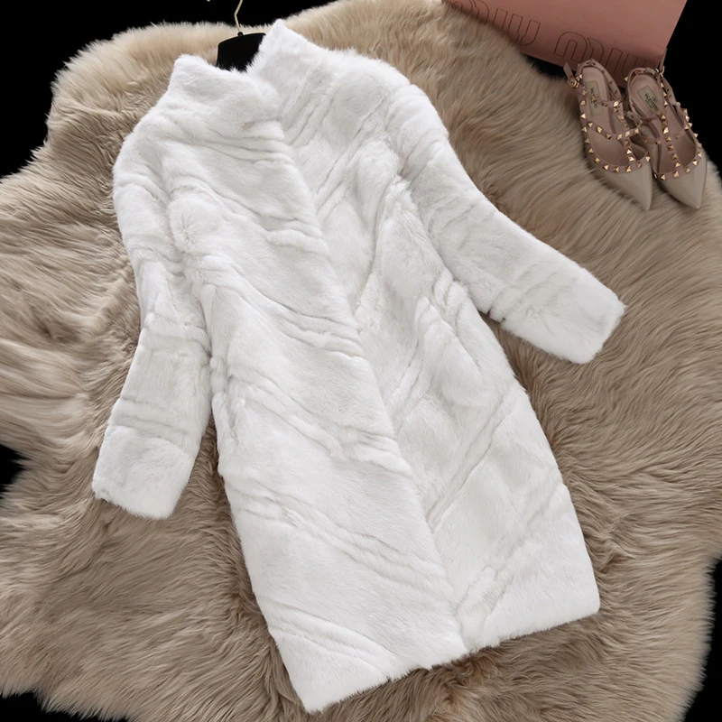 Пальто из натурального кроличьего меха женское осеннее зимнее Новое приталенное пальто средней длины из кроличьего меха Верхняя одежда женская куртка размера плюс