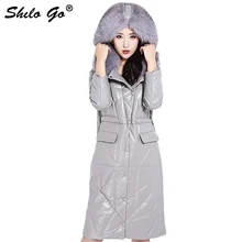 Плюс размеры осень зима модные женские туфли Высокое качество лиса меховой воротник с капюшоном серый перо длинный абзац пояса из натуральной кож