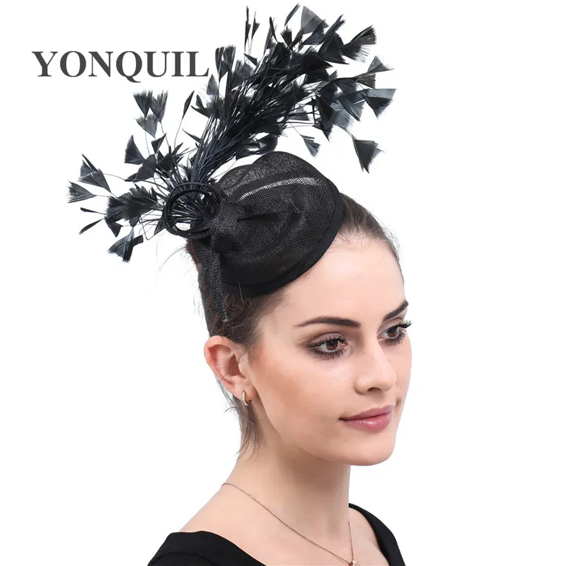 Sinamay Fascinators с пером гоночного сезона Шапки дамы Свадебная шляпка для коктейля вечерние События Случаю новый стиль высокое качество