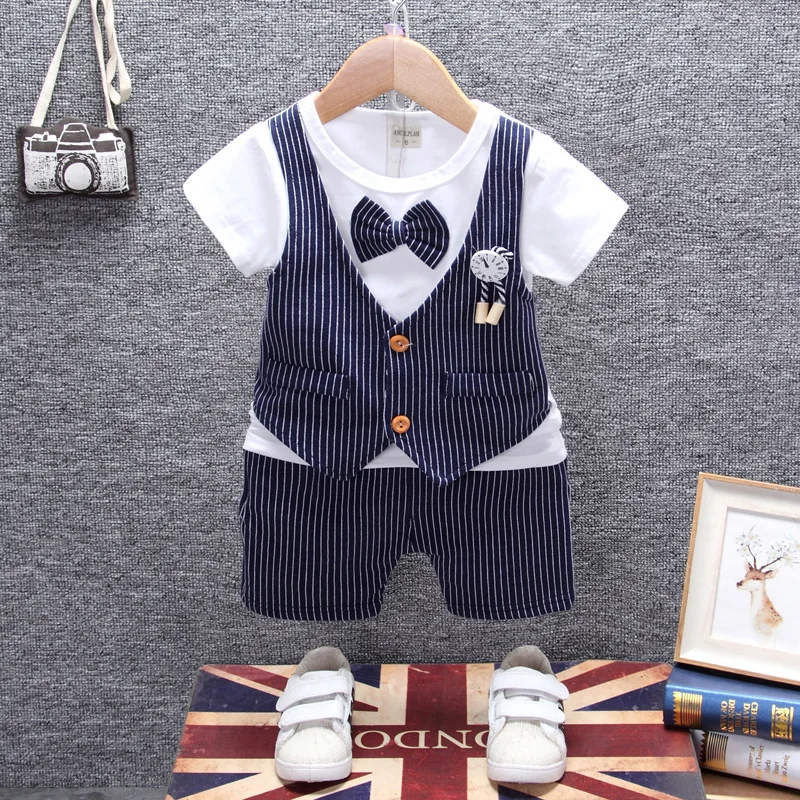 Newborn baby clothes children clothing gentleman baby boy grey striped shirt+overalls fashion
