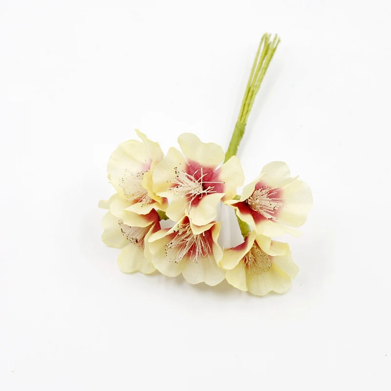 6 шт./лот, искусственный цветок, Мини Шелковый букет цветов вишневого дерева для свадебного украшения дома, сделай сам, скрапбукинг, венок, цветы для рукоделия - Цвет: Светло-желтый