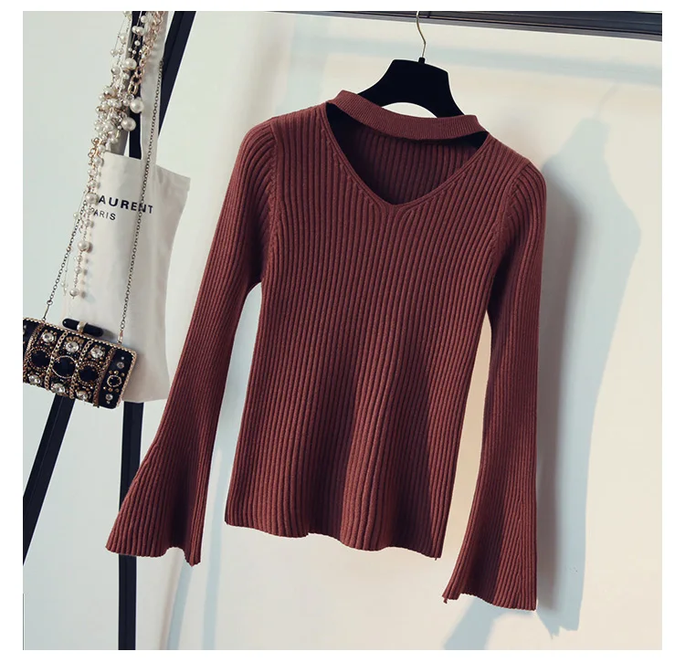 Модный вязаный свитер с бретелькой через шею, женский осенний зимний пуловер, женские топы, тонкий черный джемпер с v-образным вырезом, Повседневный пуловер с расклешенными рукавами