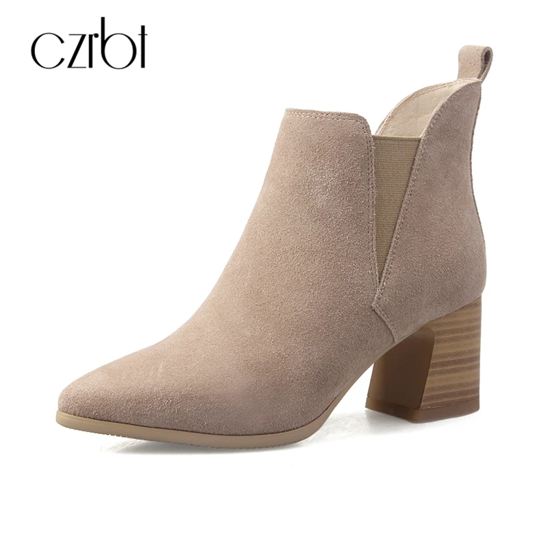 

CZEBR Spring Autumn Women Boots Women Cow Suede Leather Pointed Toe Square Heel High Heel Boots Fashion Ankle Boots Short Boots