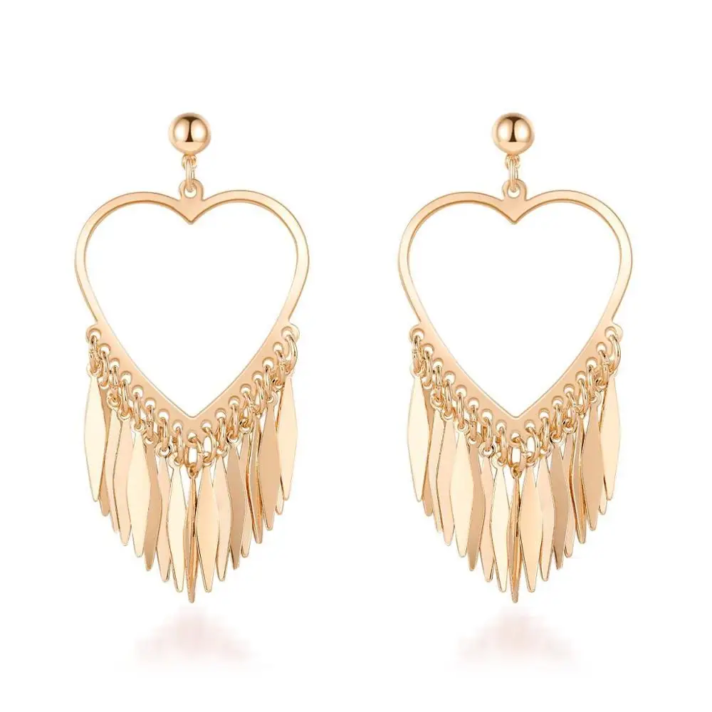 

MxGxFam Europe Fashion Jewelry Exaggerated Drop Heart Tassel Earrings For Women 18 K Yellow Gold-color