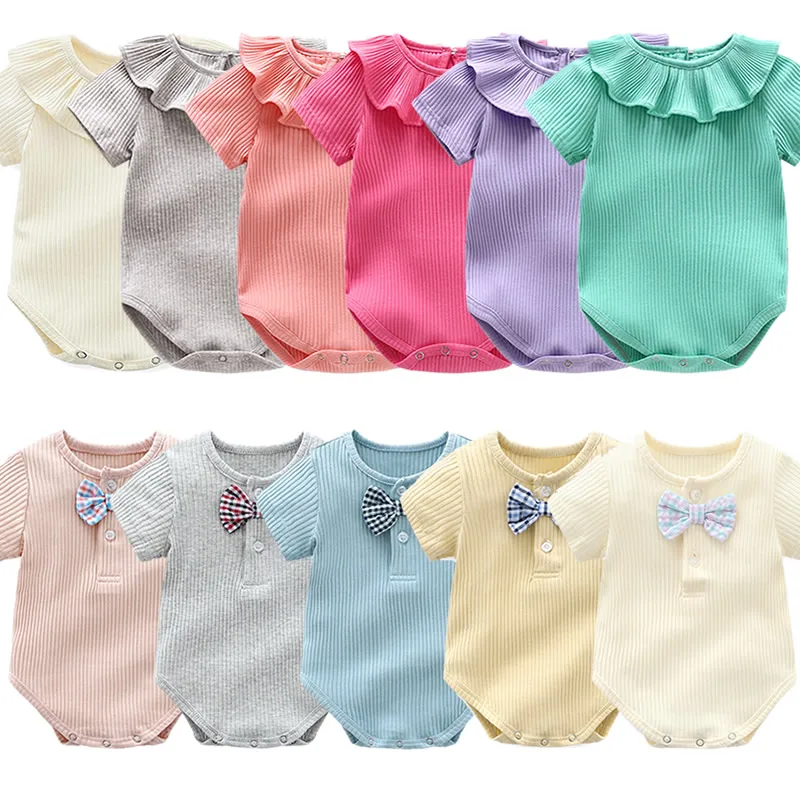 

Summer Toddler Short Romper Bow Ruffles New Born Solid Colored Cotton Triangle Onesie Baby Comfortable Fabric Climbling Outfits