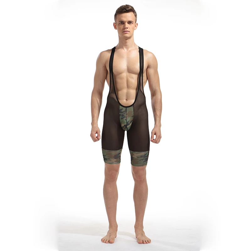 Men Mesh Swimsuit Sexy Fashion See Camouflage Soft Breathable Underwear Transparent Shorts Bodysuits Boxers Wrestling Suits