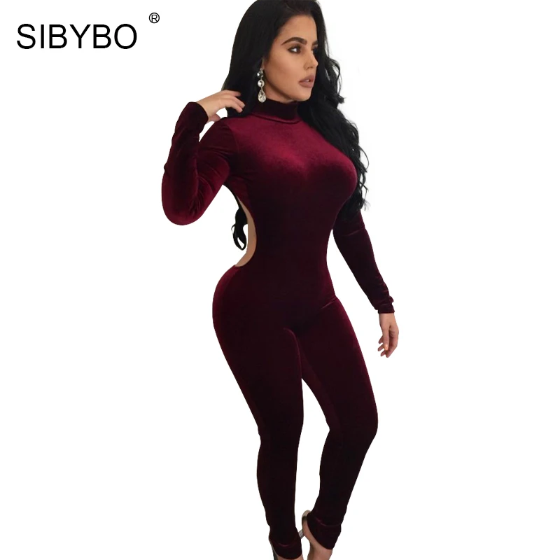 SIBYBO Winter Turtleneck Sexy Backless Bodycon Jumpsuit Women Overalls