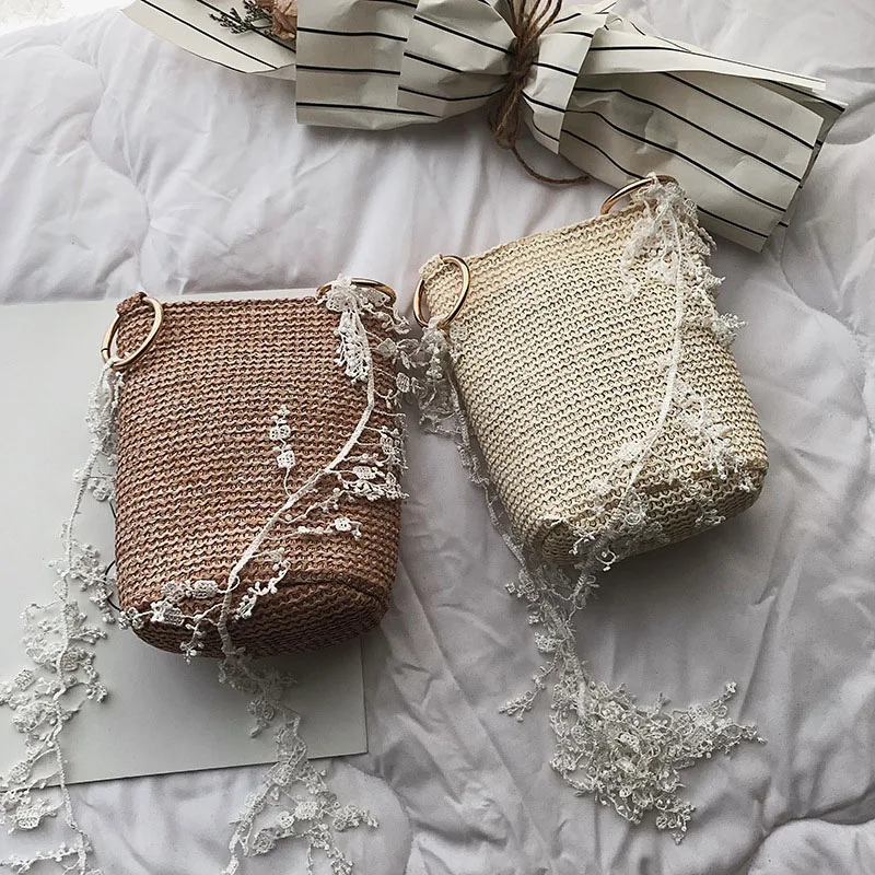 

New Style Straw Bucket Bud Ribbon Shoulder Bag Summer Beach Holiday Weaving Diagonal Literary Ladies Bag
