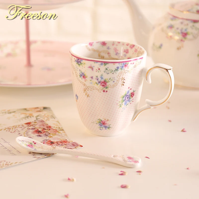 

Pastoral Rose Bone China Coffee Mug with Spoon 340ml Fresh Porcelain Tea Mug British Ceramic Tumbler Cafe Teatime Drinkware