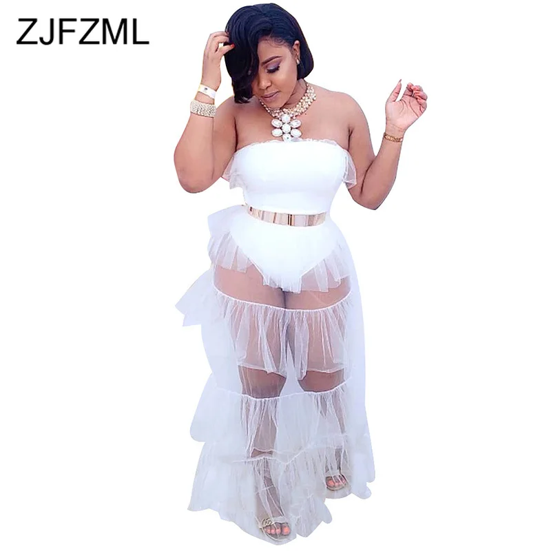 

Multilayer Ruffle Sexy Bohemian Dress Women White Mesh Spliced Backless See Through Dress Summer Strapless Sleeveless Maxi Dress