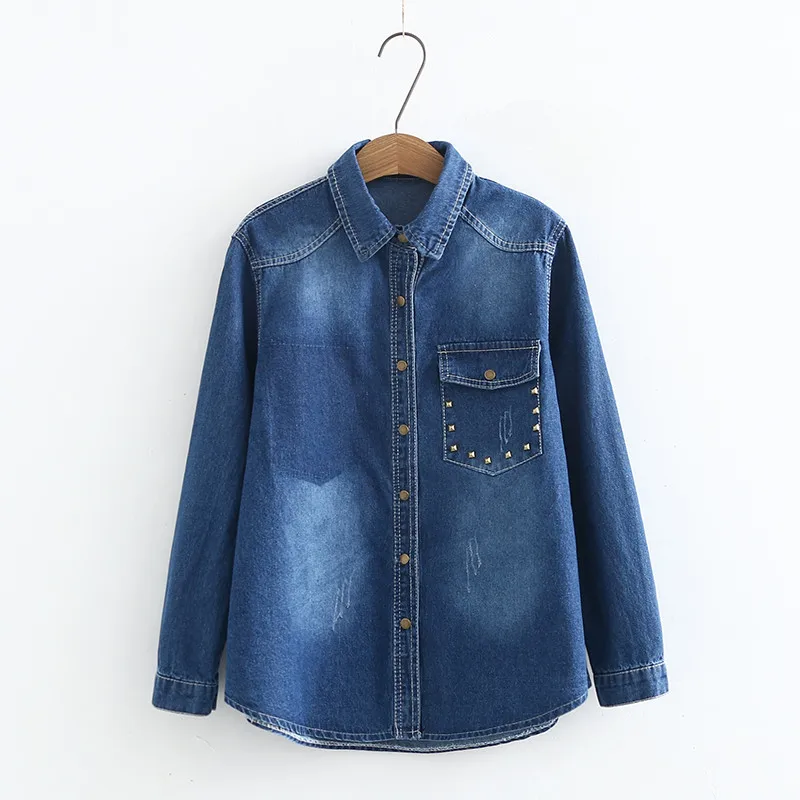 

2018 spring new scratched pocket rivet lapel denim shirt wild shirt women's fashion slim long sleeve wash water shirt