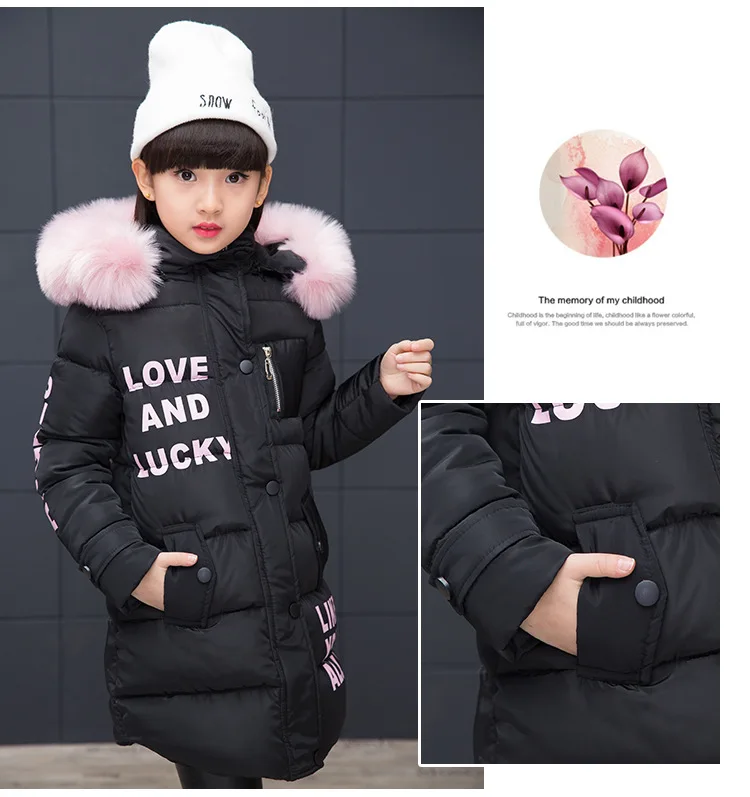Розничная, зимние куртки с капюшоном и большим меховым воротником для девочек Длинная утепленная куртка для девочек детская модная верхняя одежда с надписью, пальто