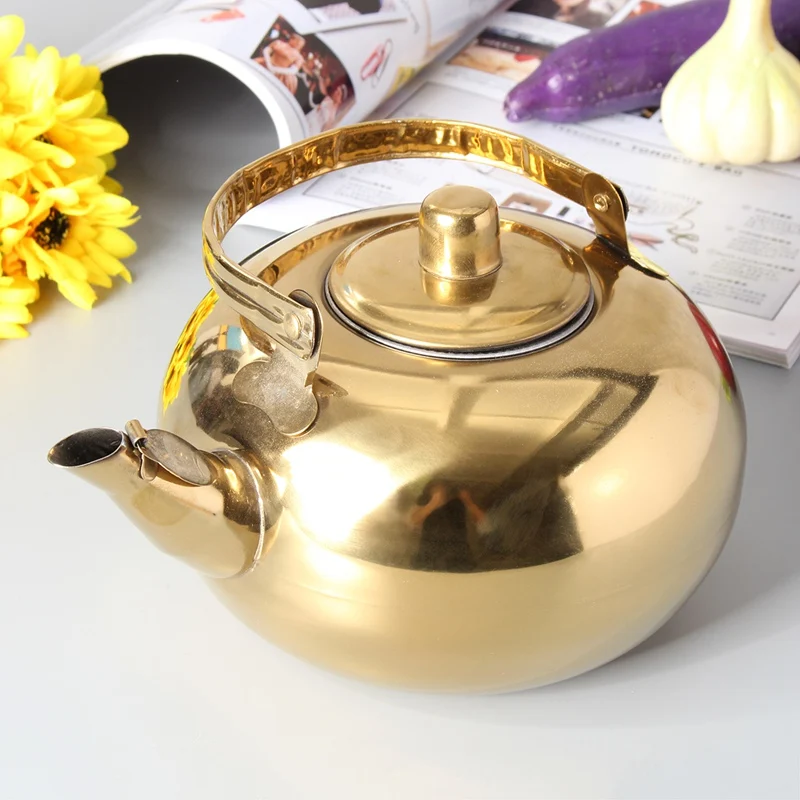 Чайник из нержавеющей стали, золотистый чайник с ситечком для чая, посуда для кемпинга, чайный набор с цветами, Чайник Пуэр, кухонный чайник для воды
