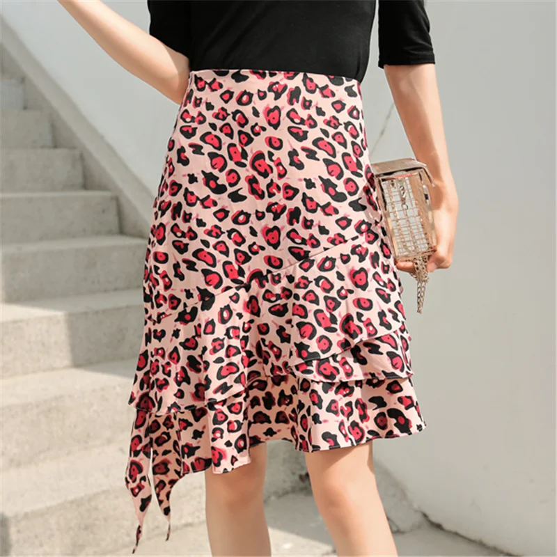 

Skirts Womens Chiffon Skirt Women Elegant Woman Leopard Irregular Skirt Plus Size Summer Sexy Woman High Waist Pink Skirt Faldas