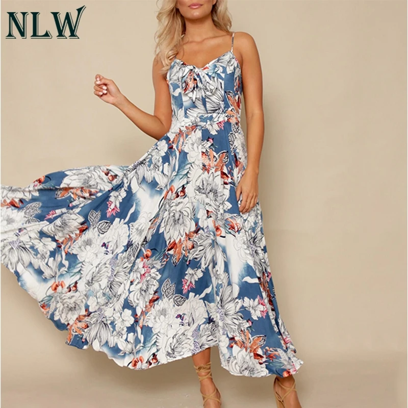 

NLW Boho Maxi Dress Spaghetti Strap Pleated Back Bow Tie Front Floral Print Summer Beach Long Dress Women Girl Elegant Vestidos