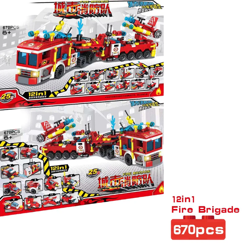 City Series 12in1 Vehicle Fire Brigade Building Blocks Bricks Educational DIY Toys For Children Compatible with legoing City