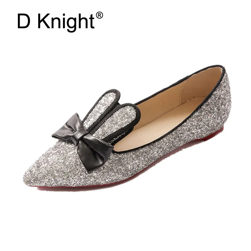 De Lapin Oreilles silver Black Appartements Mocassins Femme La Casual Noir Taille Glitter Bateau A57 Tissu Chaussures Bowtie Plus Femmes 32 48 A57 Argent Paillettes IXY7qB