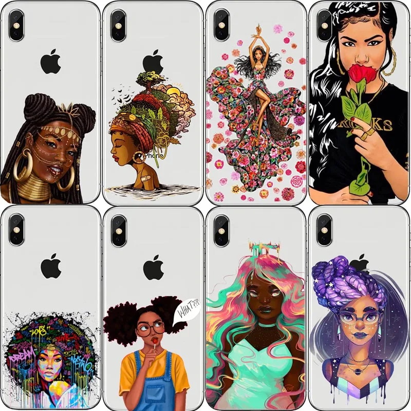 

Afro Meninas Hard PC transparent Case Capa Do Telefone Para o iphone 7 5 4 6 Mais Plus X 8 Mais Mulheres Negras arte casos Coque