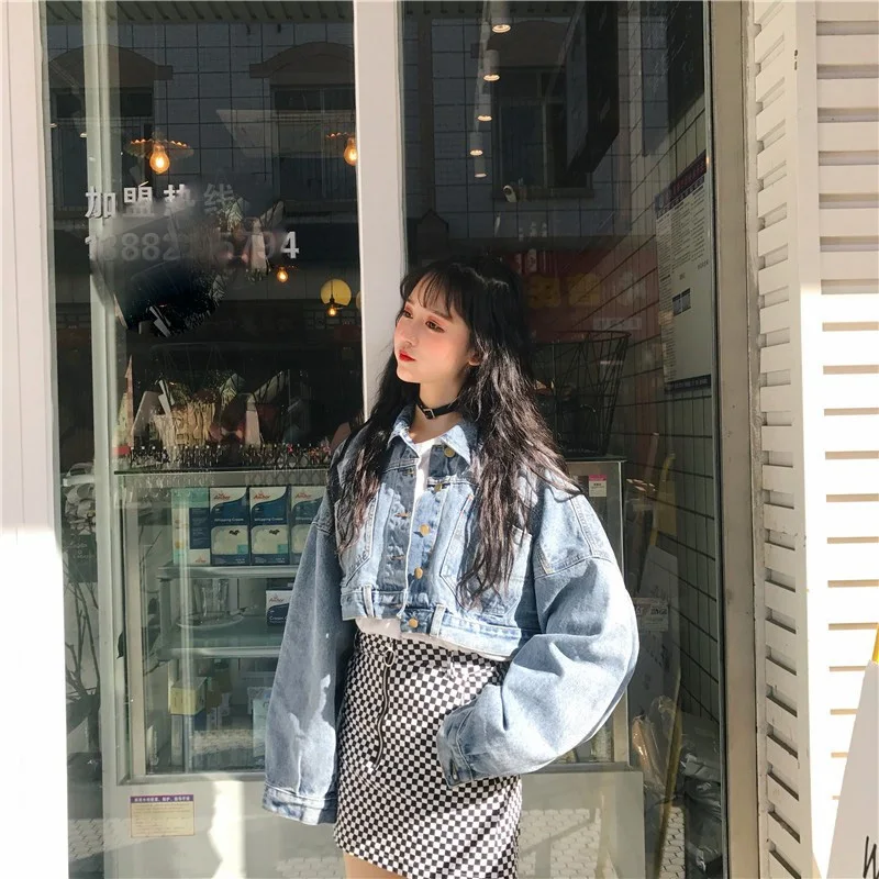 Harujuku Japanese Streetwear Short Longsleeve Female Jeans Jacket and Coats Windproof Women Oversize Denim Windbreaker Chic