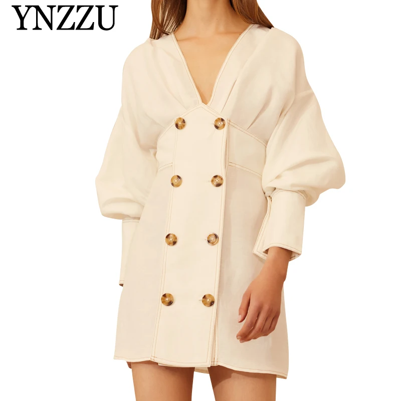 

YNZZU 2019 Summer new arrival white V-neck dress Double breasted full sleeve mini dress Linen relaxed women vestidos YD250