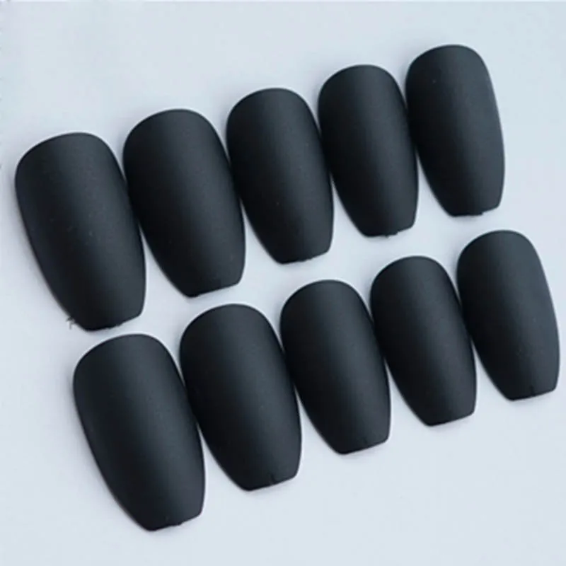 

24pcs/Set Matte Scrub Black Artificial Coffin False Nails Ladies Nail Art Decoration Full Cover False Nail with Glue