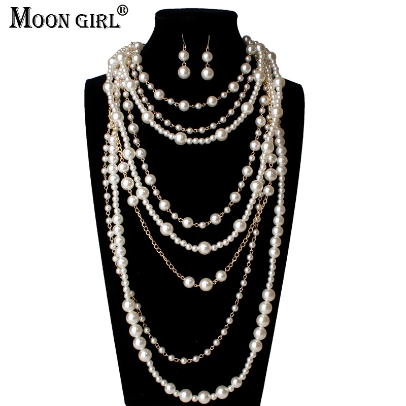 

2017 New MOON GIRL Multi-layer Simulated Pearls Chain Long Necklace Trendy Statement Choker Necklace for women Fashion Jewelry