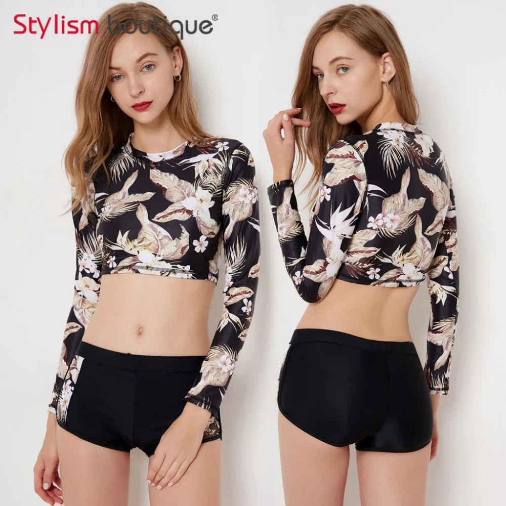 Preise 2 stück Badeanzug Gedruckt Badeanzug Cropped Badeanzug Rash Guard Frauen Bademode Surfen Schwimmen Anzug Sport Rashguard 2018