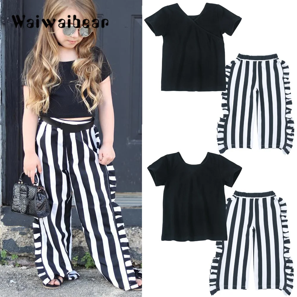 

New Children's Sets T-shirt Tops+ Long Striped Pants Summer Outfits Clothes 2PCS Cotton Baby Clothing Sets For Girls