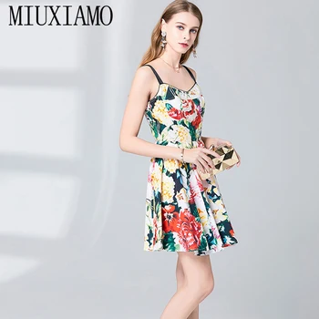 

MIUXIMAO High Quality 2019 Summer&spring Dress Sleevless Flower Print Eleghant Casual Dress Women vestido