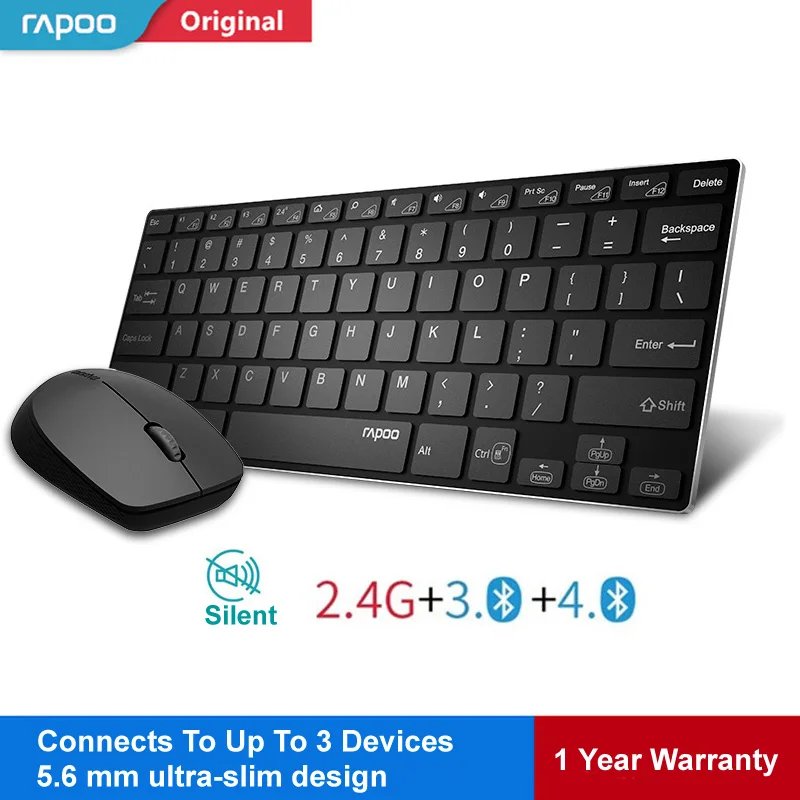 Продажа Портативный Rapoo Беспроводной клавиатуры для Win 7 10 PC Bluetooth 3,0 + 4,0 + 2,4 г мини клавиатура Тихая Мышь комплект переключаться между 3 устройств