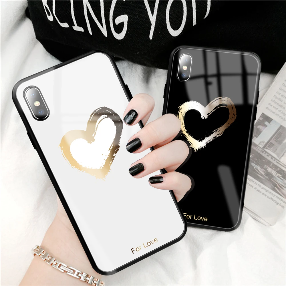 Tempered glass Soft TPU Edge Case For iPhone XS MAX XR 8 7 6 6S Plus 11 pro max Painted Layer Back Cover Love Heart Cases | Мобильные