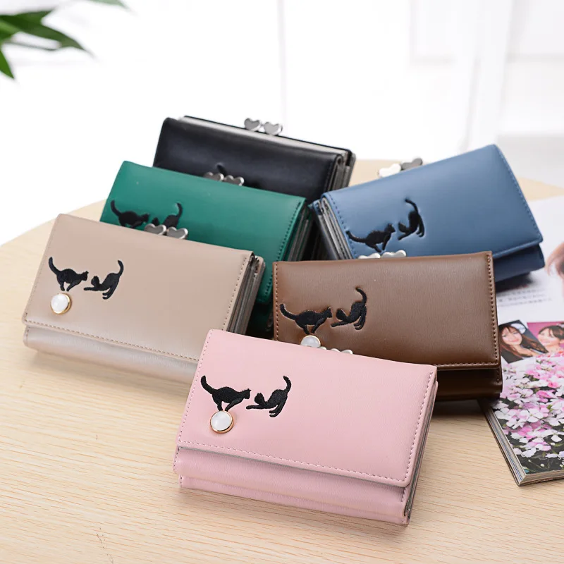 Мини мультфильм Кот короткий женский кошелек милая леди клатч вышивка животное