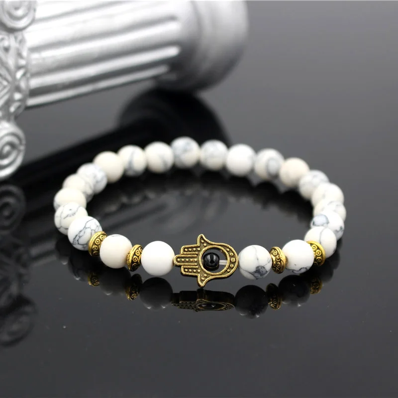 Yoga Bracelet Fatima Hands Hamsa Charm Lava Howlite Stone Bead Elastic For Men Women bracelet jewelry