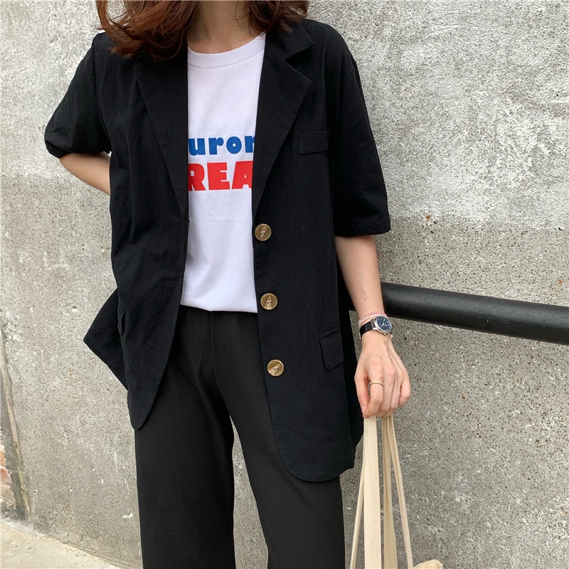 

HziriP Summer OL Women Loose Office Ladies Fashion Notched Blazer 2019 Korea Single Breasted Simple Short Sleeves Black Blazer