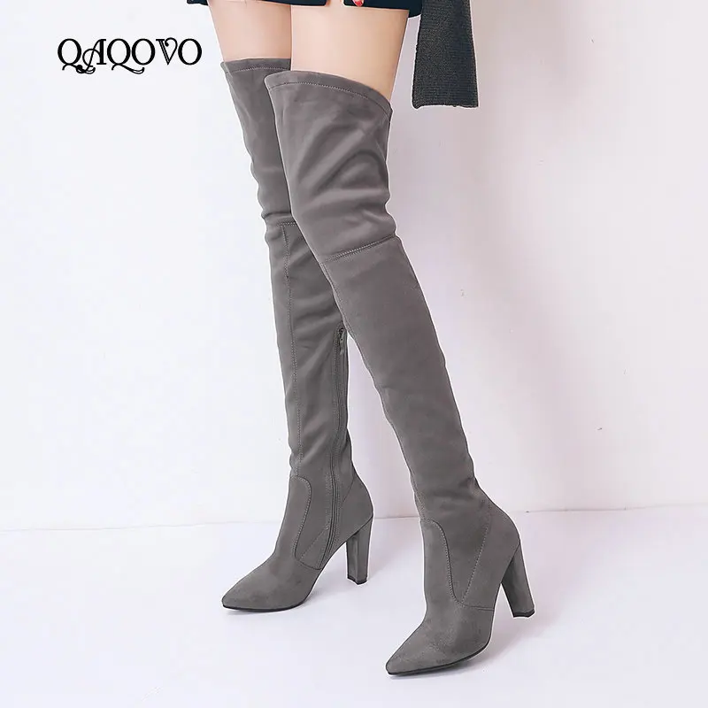 

Women Faux Suede Over The Knee Boots Fashion Zipper Fall Winter Thigh Boots Square High Heel Pointed Toe Stretch Shoes Women