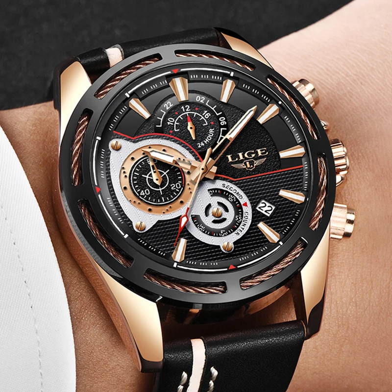 Relogio Masculino LIGE Mens Watches Top brand luxury Fashion Military Quartz Watch Mens Leather Business Waterproof Sport Watch