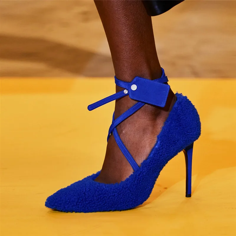 Новинка года; туфли для подиума с белым мехом; женские туфли-лодочки на высоком каблуке с острым носком и перекрестными ремешками на лодыжке; роскошная женская обувь; zapatos mujer - Цвет: blue