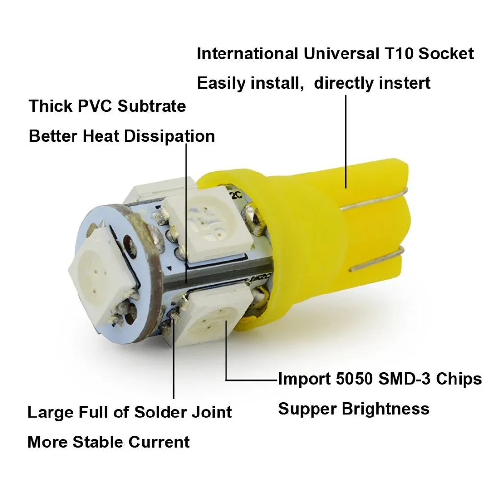 500 шт. T10 Клин 5SMD 5050 ксеноновые Светодиодный лампочки 192 168 194 W5W 2825 158 белый Dashboard номер лицензии плиты лампочки