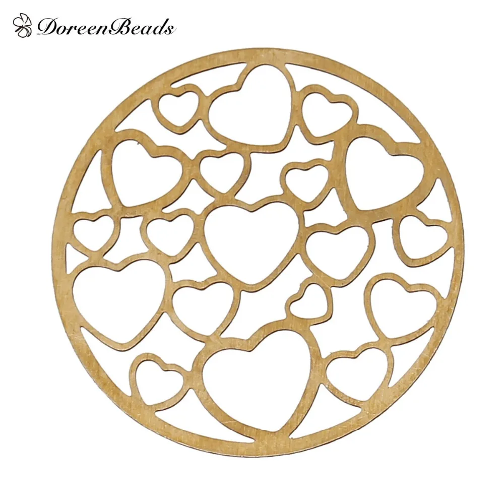 DoreenBeads Filigree Copper Embellishments Jewelry Findings Round Brass Tone Hollow Heart Pattern 22.0mm( 7/8) Dia, 1 Piece