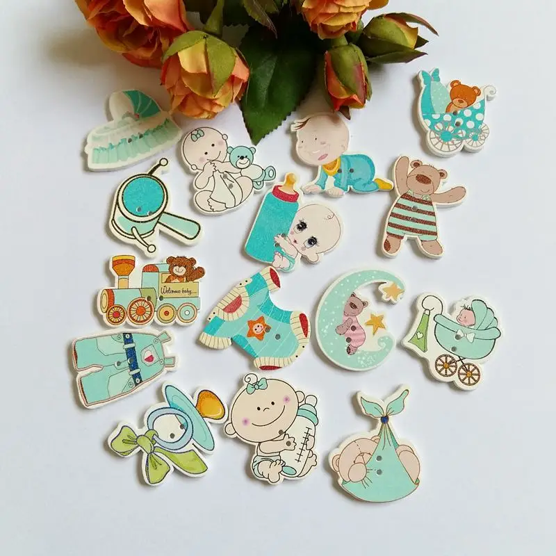 

80PCs Cartoon baby Wooden Buttons For Clothes Decorative Buttons For Needlework 2 Holes Crafts Sewing Accessories Mixed Color