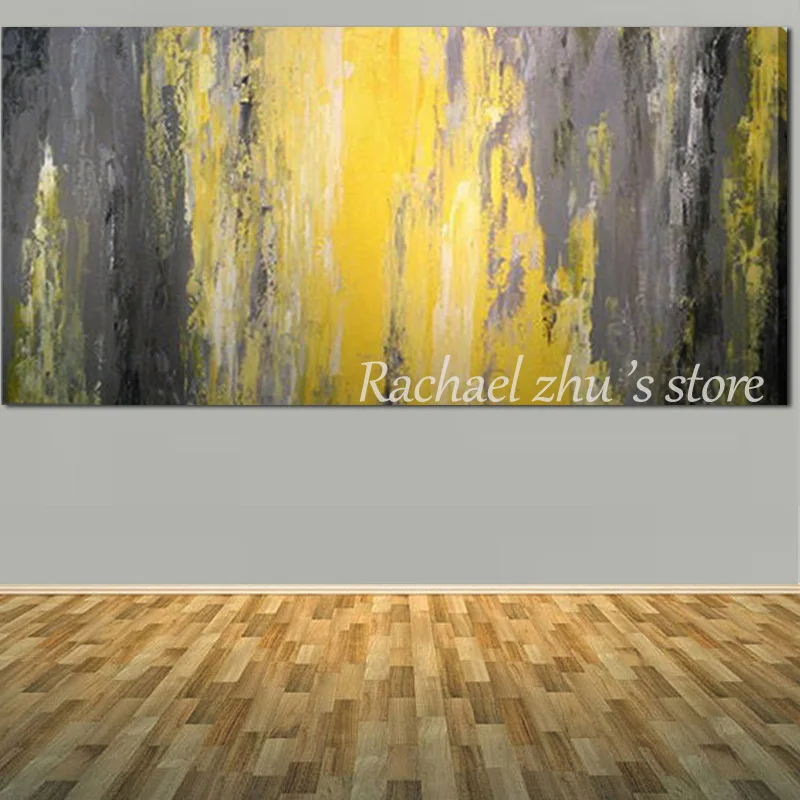 Hand Painted Modern Abstract Textured Thick Oil Painting on Canvas Yellow Grey Abstract Wall Pictures For