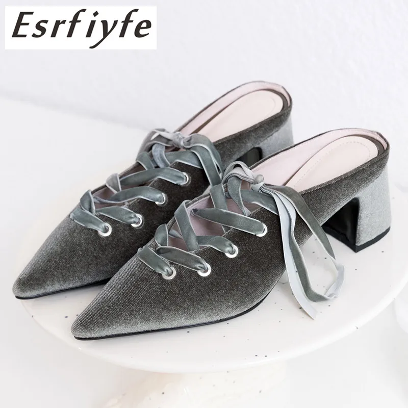 

ESRFIYFE 2019 New Slipper Mules Pointed Toe Flock Square Heels Cross-tied Sewing Solid Elegant Black Brand Design Woman Shoes