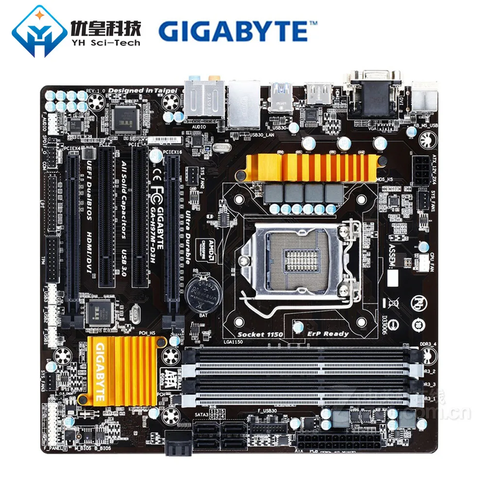 

Original Used Desktop Motherboard Gigabyte GA-H97M-D3H H97 LGA 1150 Core i7/i5/i3/Pentium/Celeron DDR3 32G SATA3 ATX