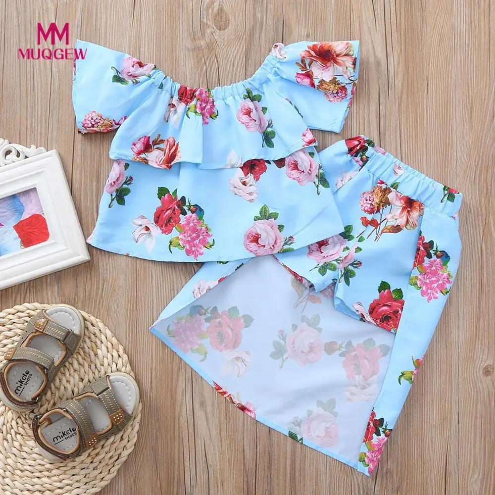 

2Pcs Toddler children's clothing girl Off Shoulder Floral Print Short Sleeve O-Neck Tops Shorts Skirt Outfits Set menina de rou
