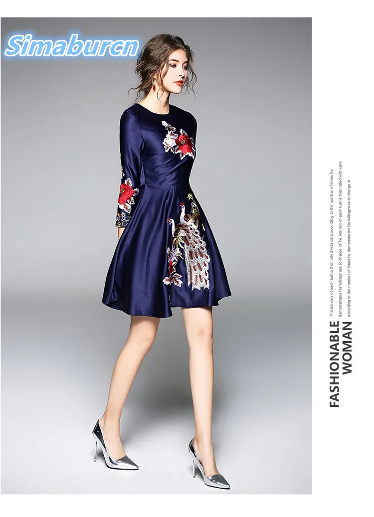 

High Quality 2018 Women Party Blue Dress Ladies OL Style Dresses Spring Summer Temperament Female A Line Embroidery Dresses