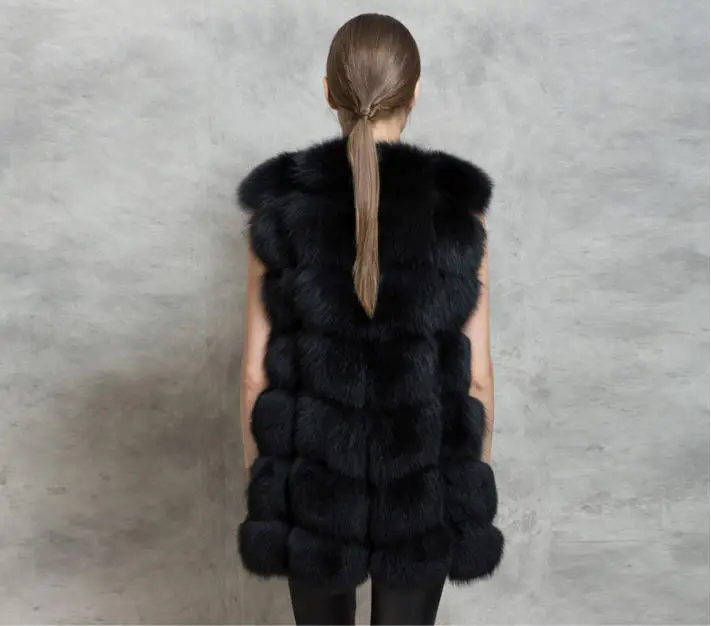 Для женщин лиса Мех животных жилет Мода Зима средней длиной Мех животных пальто Роскошные О-образным вырезом с длинным Искусственный мех