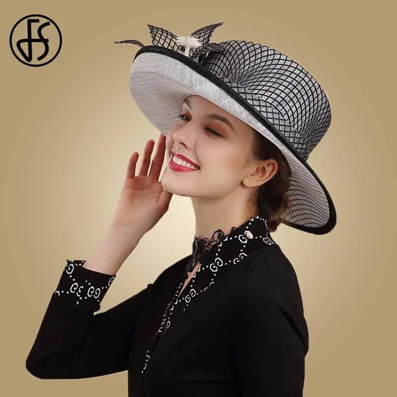 

FS Royal Black Chapeau Fedoras Ladies Sinamay Kentucky Derby Hats Wide Brim Wedding Church Hats For Women Flower Tea Party Hat