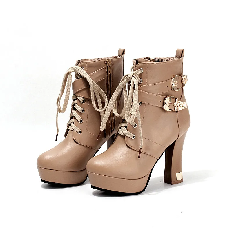 

Western Style Ladies Autumn Shoe PU Leather Woman Ankle Boot Lace Up Round Toe Square High Heel Women Motorcycle Boot Size 34-43