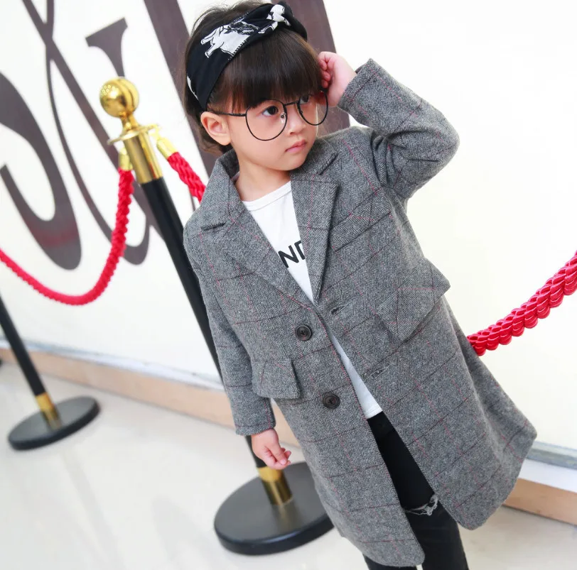 

New 2018 Children Coats Outerwear Spring Autumn Baby Girl Gray Lattice Jackets Woolen Kids Winter Clothes Plaid Windbreaker 1-4Y